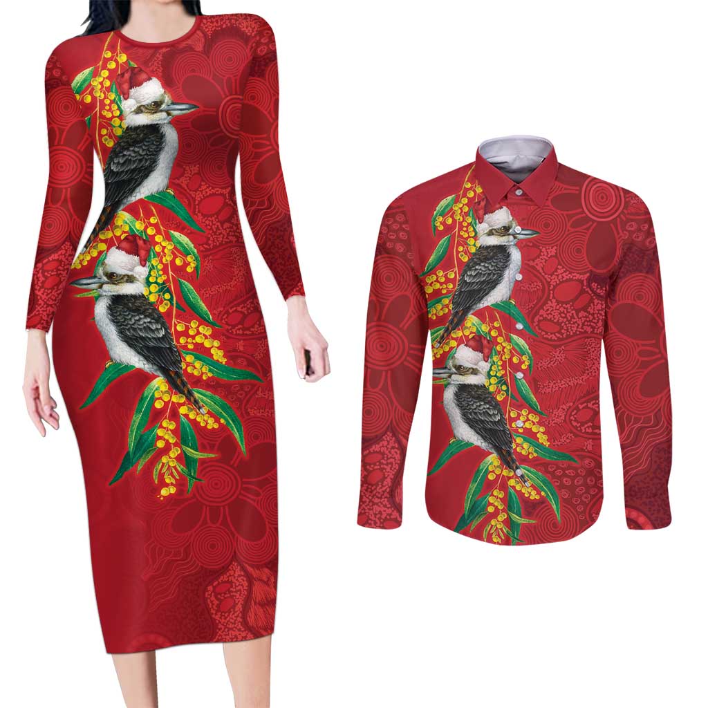 Aussie Kokaburra Golden Wattle Christmas Couples Matching Long Sleeve Bodycon Dress and Long Sleeve Button Shirt Aboriginal Dots Painting Red Motif - Aussie Hoodie