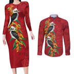 Aussie Kokaburra Golden Wattle Christmas Couples Matching Long Sleeve Bodycon Dress and Long Sleeve Button Shirt Aboriginal Dots Painting Red Motif - Aussie Hoodie