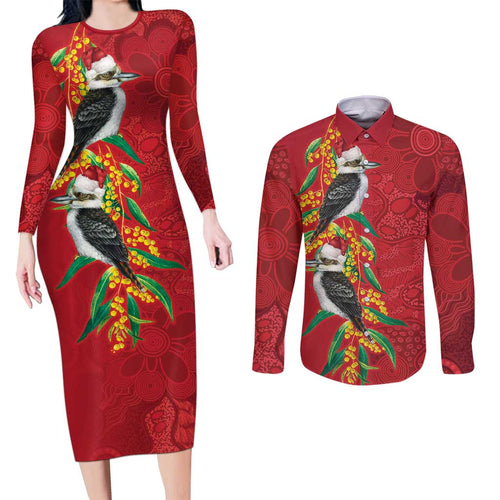 Aussie Kokaburra Golden Wattle Christmas Couples Matching Long Sleeve Bodycon Dress and Long Sleeve Button Shirt Aboriginal Dots Painting Red Motif - Aussie Hoodie