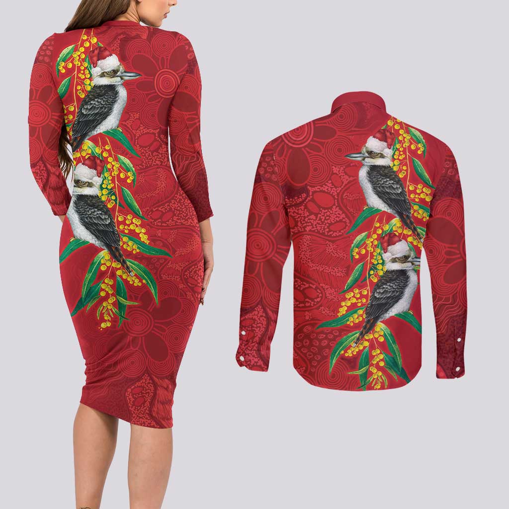 Aussie Kokaburra Golden Wattle Christmas Couples Matching Long Sleeve Bodycon Dress and Long Sleeve Button Shirt Aboriginal Dots Painting Red Motif - Aussie Hoodie