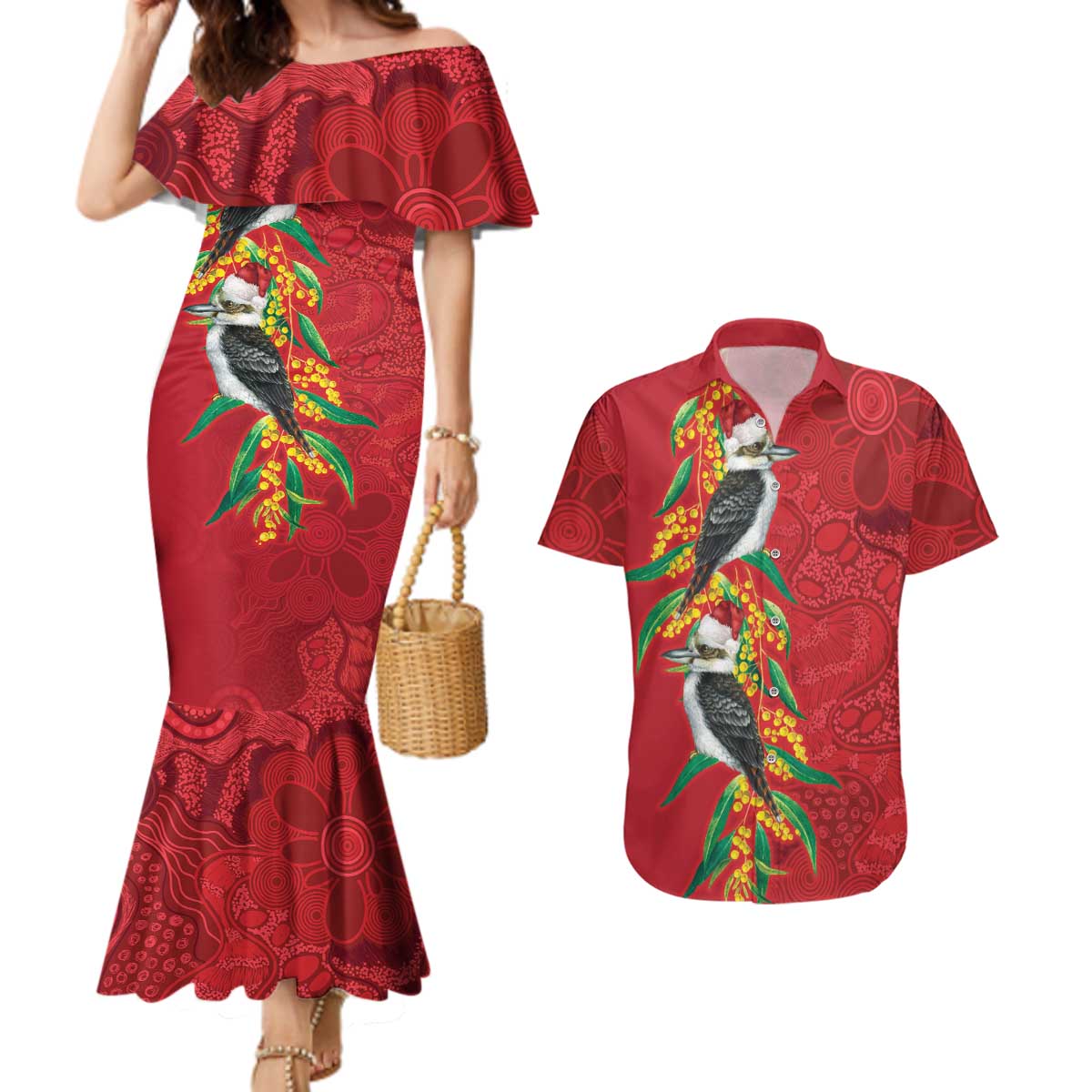 Aussie Kokaburra Golden Wattle Christmas Couples Matching Mermaid Dress and Hawaiian Shirt Aboriginal Dots Painting Red Motif - Aussie Hoodie