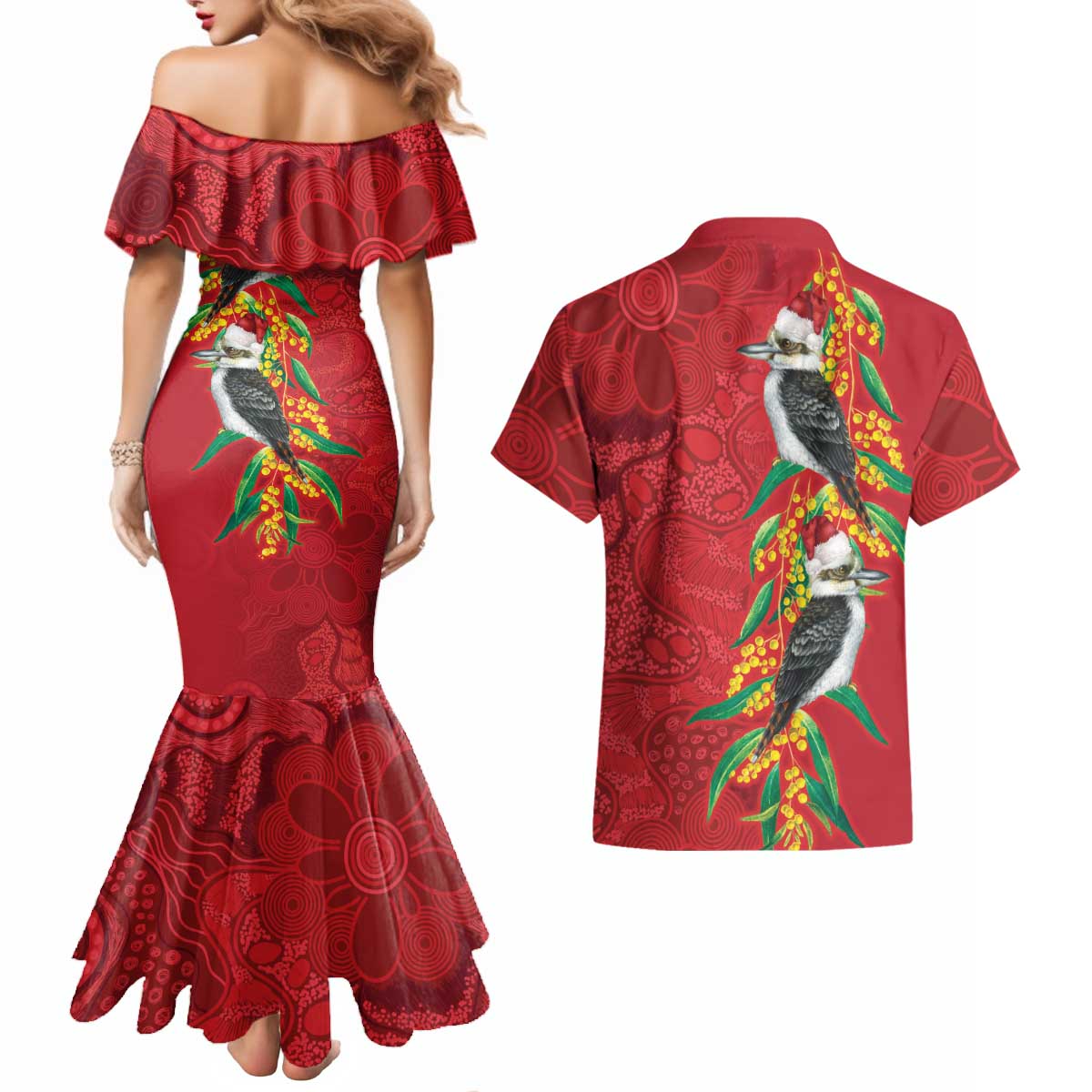Aussie Kokaburra Golden Wattle Christmas Couples Matching Mermaid Dress and Hawaiian Shirt Aboriginal Dots Painting Red Motif - Aussie Hoodie