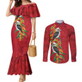 Aussie Kokaburra Golden Wattle Christmas Couples Matching Mermaid Dress and Long Sleeve Button Shirt Aboriginal Dots Painting Red Motif - Aussie Hoodie