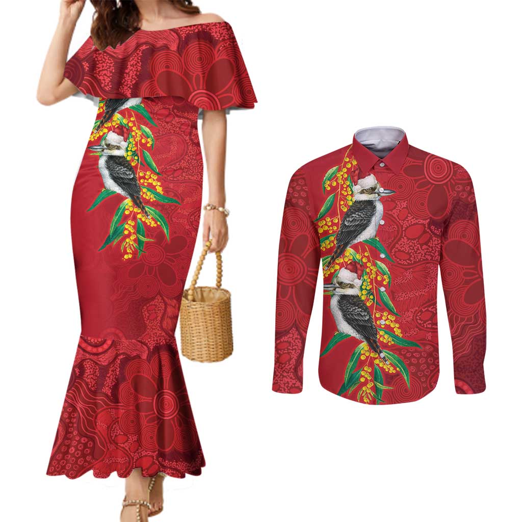 Aussie Kokaburra Golden Wattle Christmas Couples Matching Mermaid Dress and Long Sleeve Button Shirt Aboriginal Dots Painting Red Motif - Aussie Hoodie