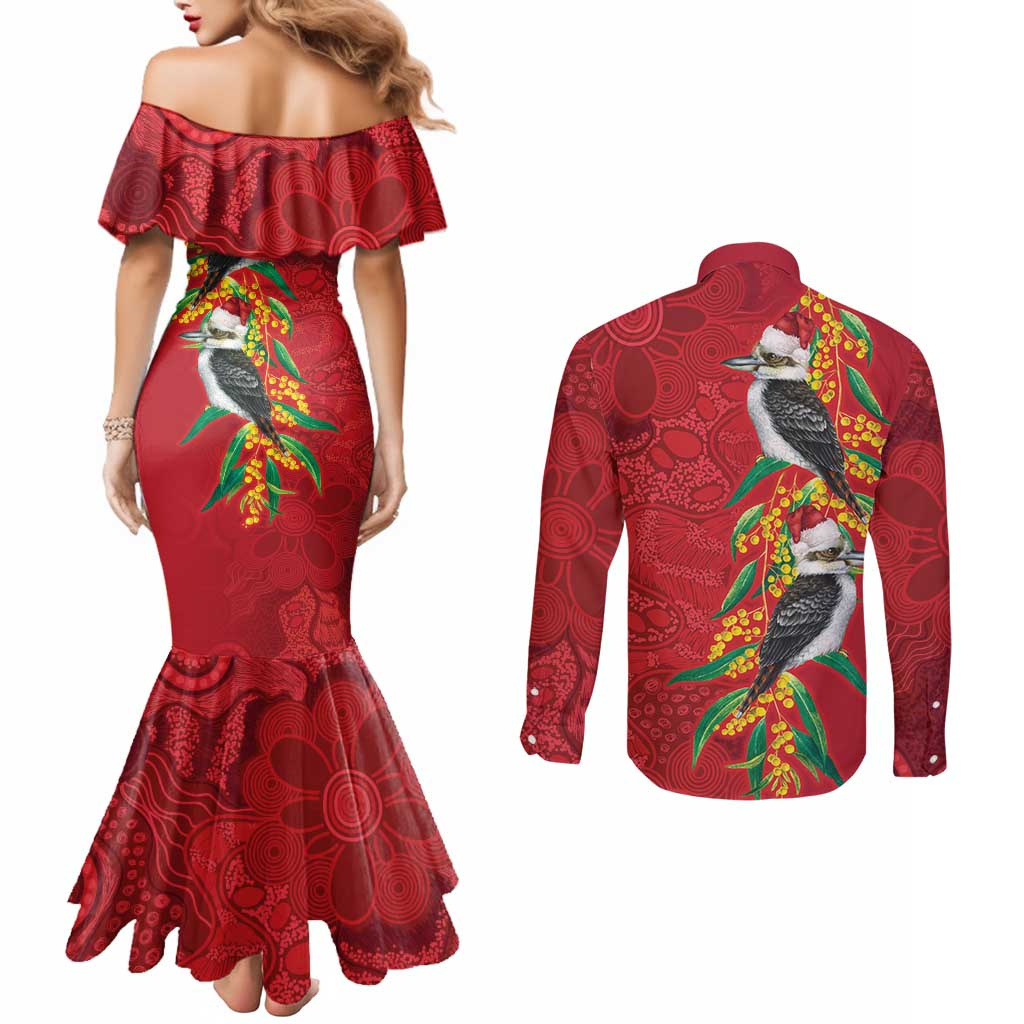 Aussie Kokaburra Golden Wattle Christmas Couples Matching Mermaid Dress and Long Sleeve Button Shirt Aboriginal Dots Painting Red Motif - Aussie Hoodie