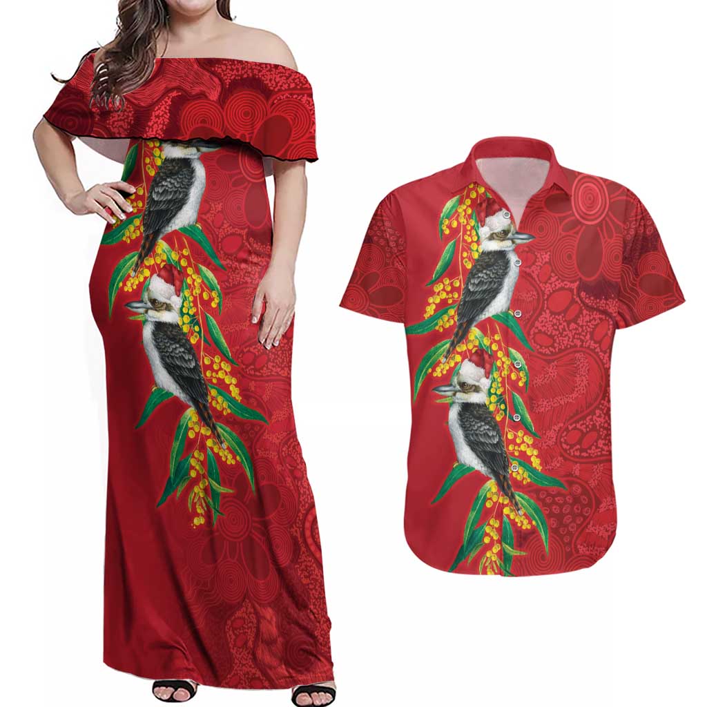 Aussie Kokaburra Golden Wattle Christmas Couples Matching Off Shoulder Maxi Dress and Hawaiian Shirt Aboriginal Dots Painting Red Motif - Aussie Hoodie