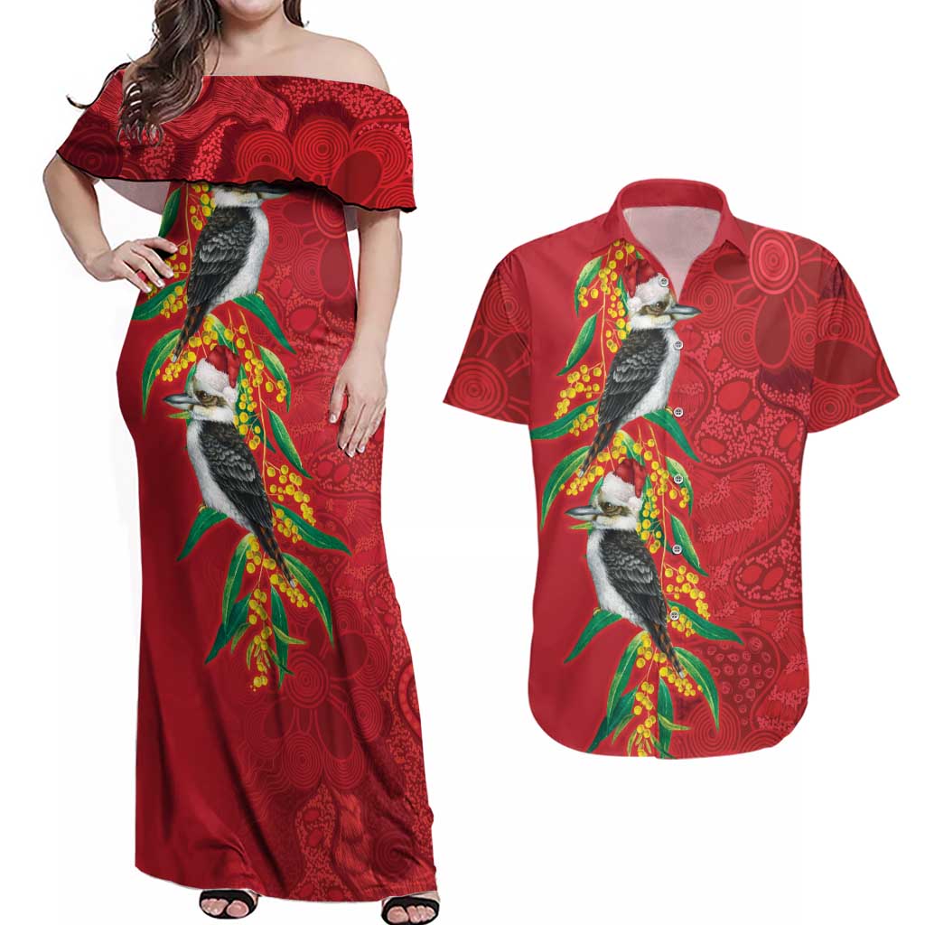 Aussie Kokaburra Golden Wattle Christmas Couples Matching Off Shoulder Maxi Dress and Hawaiian Shirt Aboriginal Dots Painting Red Motif - Aussie Hoodie