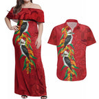 Aussie Kokaburra Golden Wattle Christmas Couples Matching Off Shoulder Maxi Dress and Hawaiian Shirt Aboriginal Dots Painting Red Motif - Aussie Hoodie