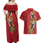 Aussie Kokaburra Golden Wattle Christmas Couples Matching Off Shoulder Maxi Dress and Hawaiian Shirt Aboriginal Dots Painting Red Motif - Aussie Hoodie