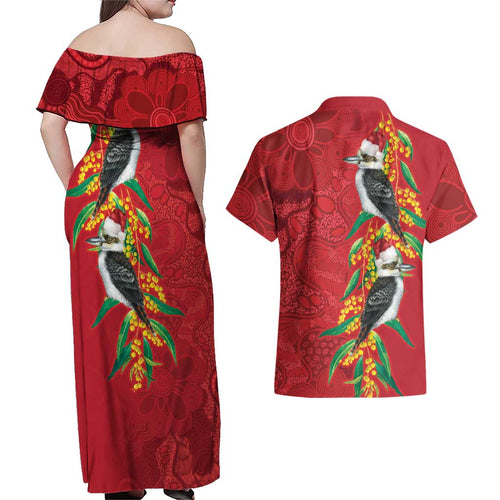 Aussie Kokaburra Golden Wattle Christmas Couples Matching Off Shoulder Maxi Dress and Hawaiian Shirt Aboriginal Dots Painting Red Motif - Aussie Hoodie