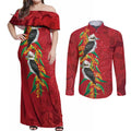 Aussie Kokaburra Golden Wattle Christmas Couples Matching Off Shoulder Maxi Dress and Long Sleeve Button Shirt Aboriginal Dots Painting Red Motif - Aussie Hoodie