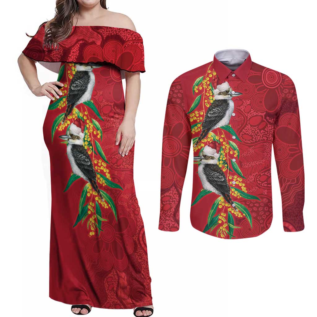 Aussie Kokaburra Golden Wattle Christmas Couples Matching Off Shoulder Maxi Dress and Long Sleeve Button Shirt Aboriginal Dots Painting Red Motif - Aussie Hoodie