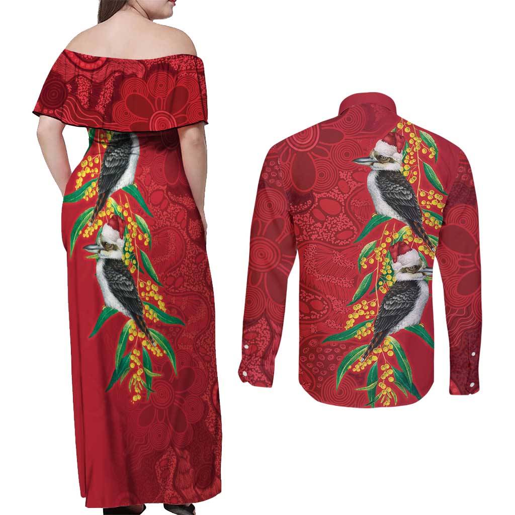 Aussie Kokaburra Golden Wattle Christmas Couples Matching Off Shoulder Maxi Dress and Long Sleeve Button Shirt Aboriginal Dots Painting Red Motif - Aussie Hoodie