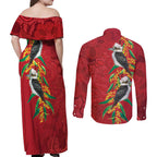 Aussie Kokaburra Golden Wattle Christmas Couples Matching Off Shoulder Maxi Dress and Long Sleeve Button Shirt Aboriginal Dots Painting Red Motif - Aussie Hoodie