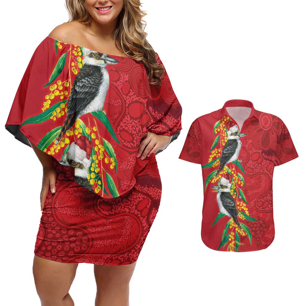 Aussie Kokaburra Golden Wattle Christmas Couples Matching Off Shoulder Short Dress and Hawaiian Shirt Aboriginal Dots Painting Red Motif - Aussie Hoodie