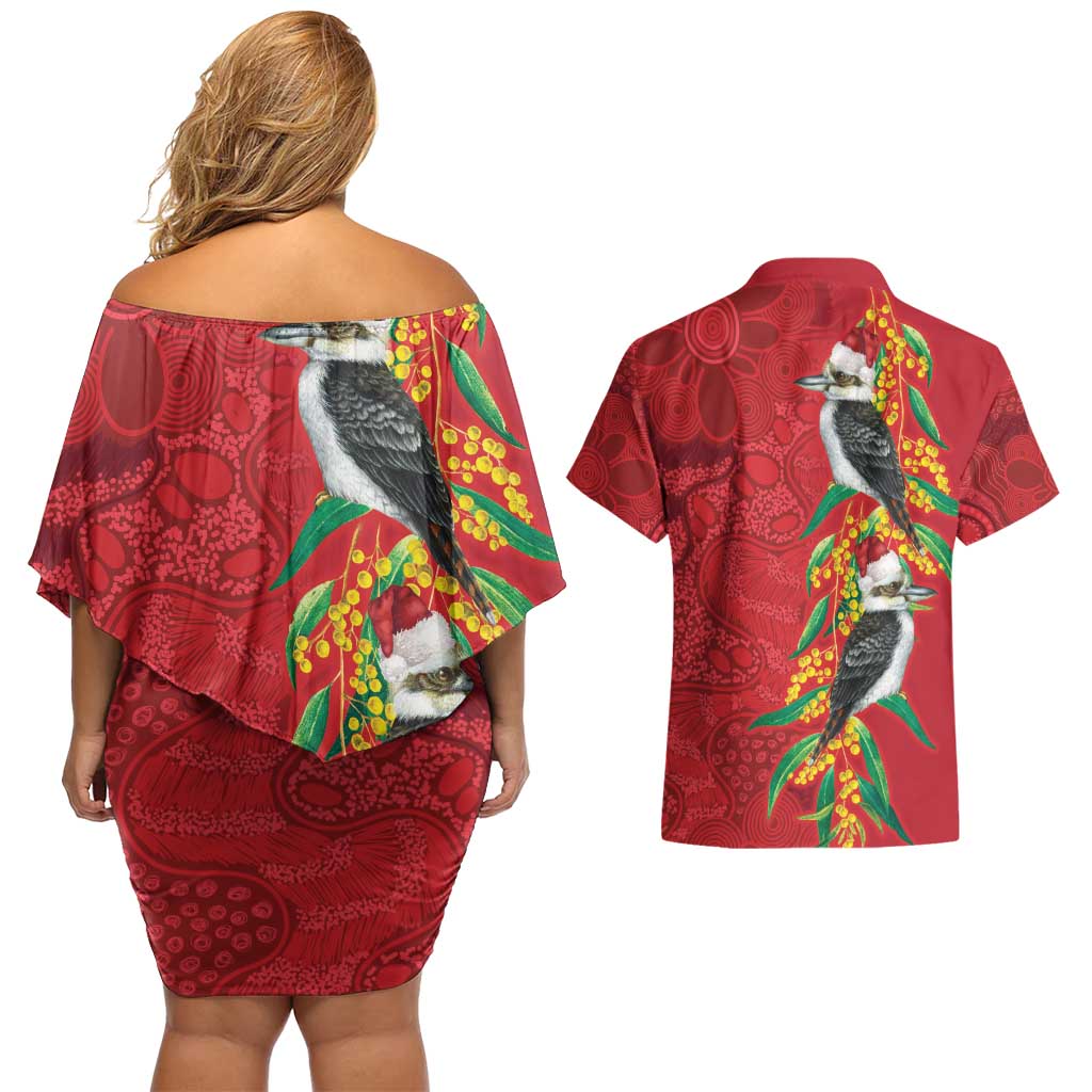 Aussie Kokaburra Golden Wattle Christmas Couples Matching Off Shoulder Short Dress and Hawaiian Shirt Aboriginal Dots Painting Red Motif - Aussie Hoodie