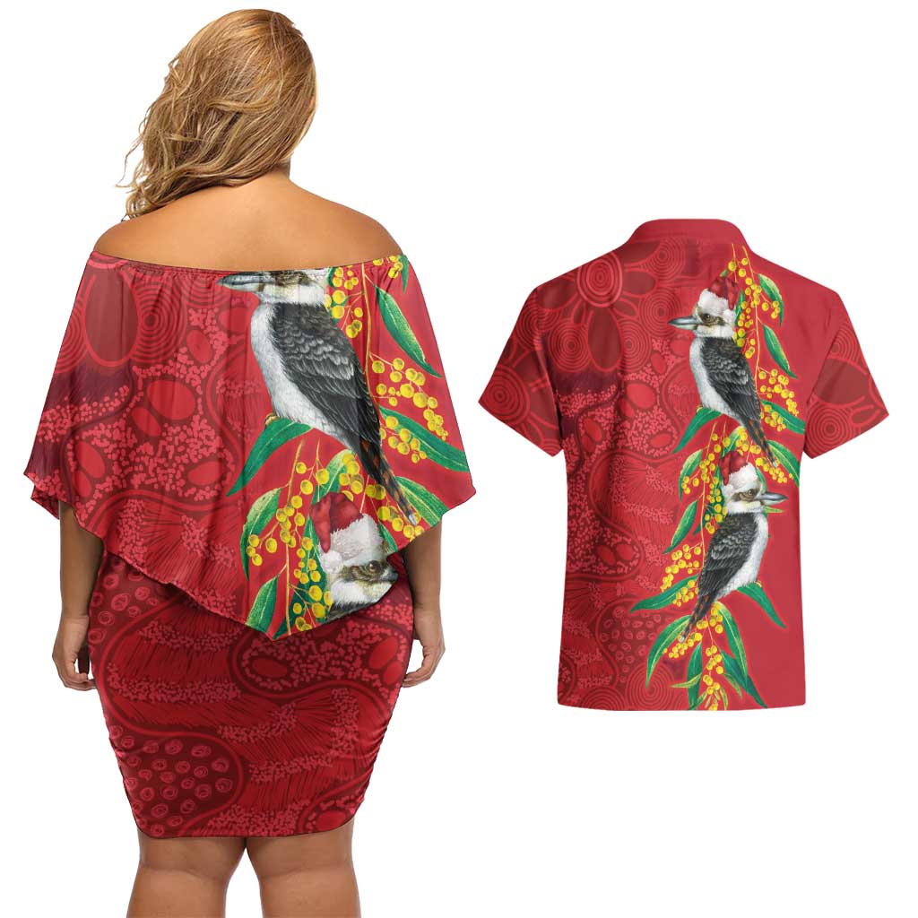 Aussie Kokaburra Golden Wattle Christmas Couples Matching Off Shoulder Short Dress and Hawaiian Shirt Aboriginal Dots Painting Red Motif - Aussie Hoodie