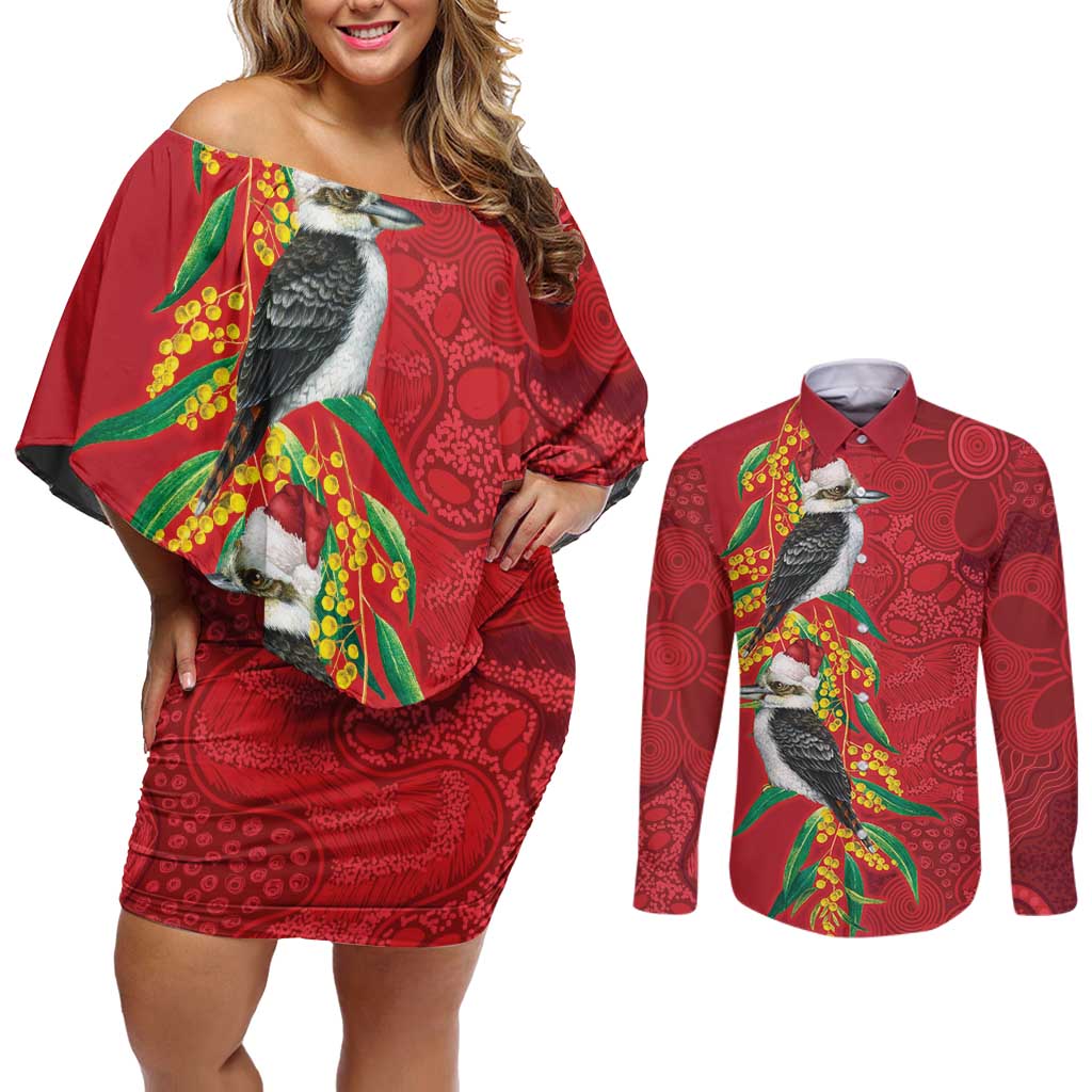 Aussie Kokaburra Golden Wattle Christmas Couples Matching Off Shoulder Short Dress and Long Sleeve Button Shirt Aboriginal Dots Painting Red Motif - Aussie Hoodie