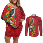 Aussie Kokaburra Golden Wattle Christmas Couples Matching Off Shoulder Short Dress and Long Sleeve Button Shirt Aboriginal Dots Painting Red Motif - Aussie Hoodie
