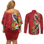 Aussie Kokaburra Golden Wattle Christmas Couples Matching Off Shoulder Short Dress and Long Sleeve Button Shirt Aboriginal Dots Painting Red Motif - Aussie Hoodie