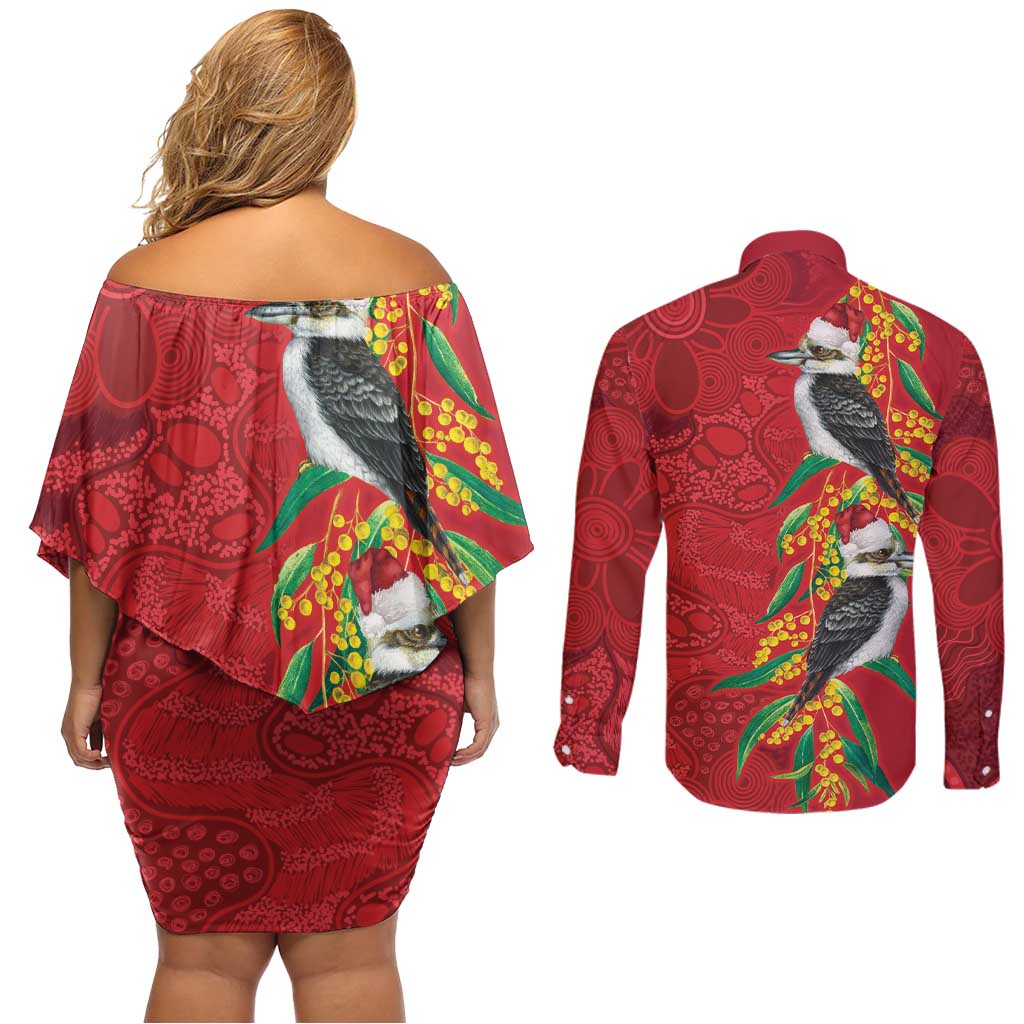 Aussie Kokaburra Golden Wattle Christmas Couples Matching Off Shoulder Short Dress and Long Sleeve Button Shirt Aboriginal Dots Painting Red Motif - Aussie Hoodie