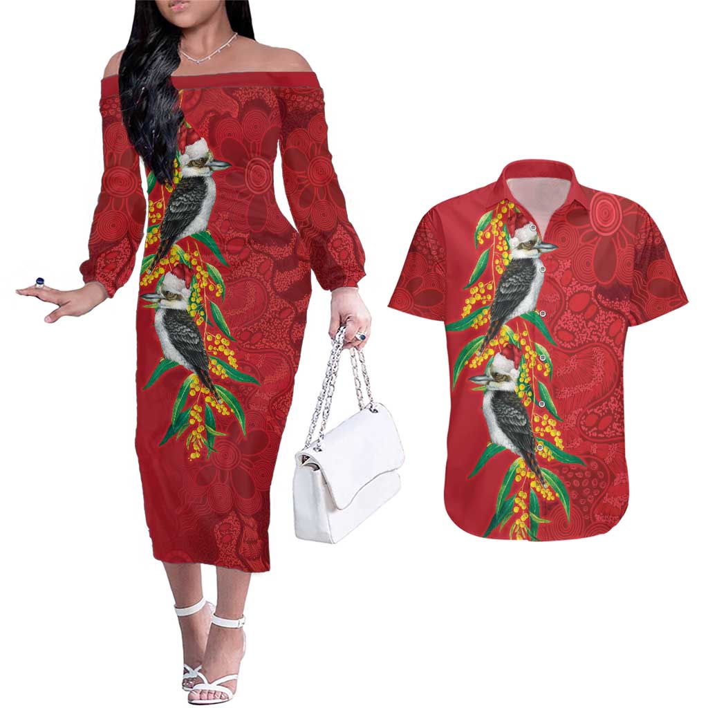 Aussie Kokaburra Golden Wattle Christmas Couples Matching Off The Shoulder Long Sleeve Dress and Hawaiian Shirt Aboriginal Dots Painting Red Motif - Aussie Hoodie