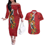 Aussie Kokaburra Golden Wattle Christmas Couples Matching Off The Shoulder Long Sleeve Dress and Hawaiian Shirt Aboriginal Dots Painting Red Motif - Aussie Hoodie