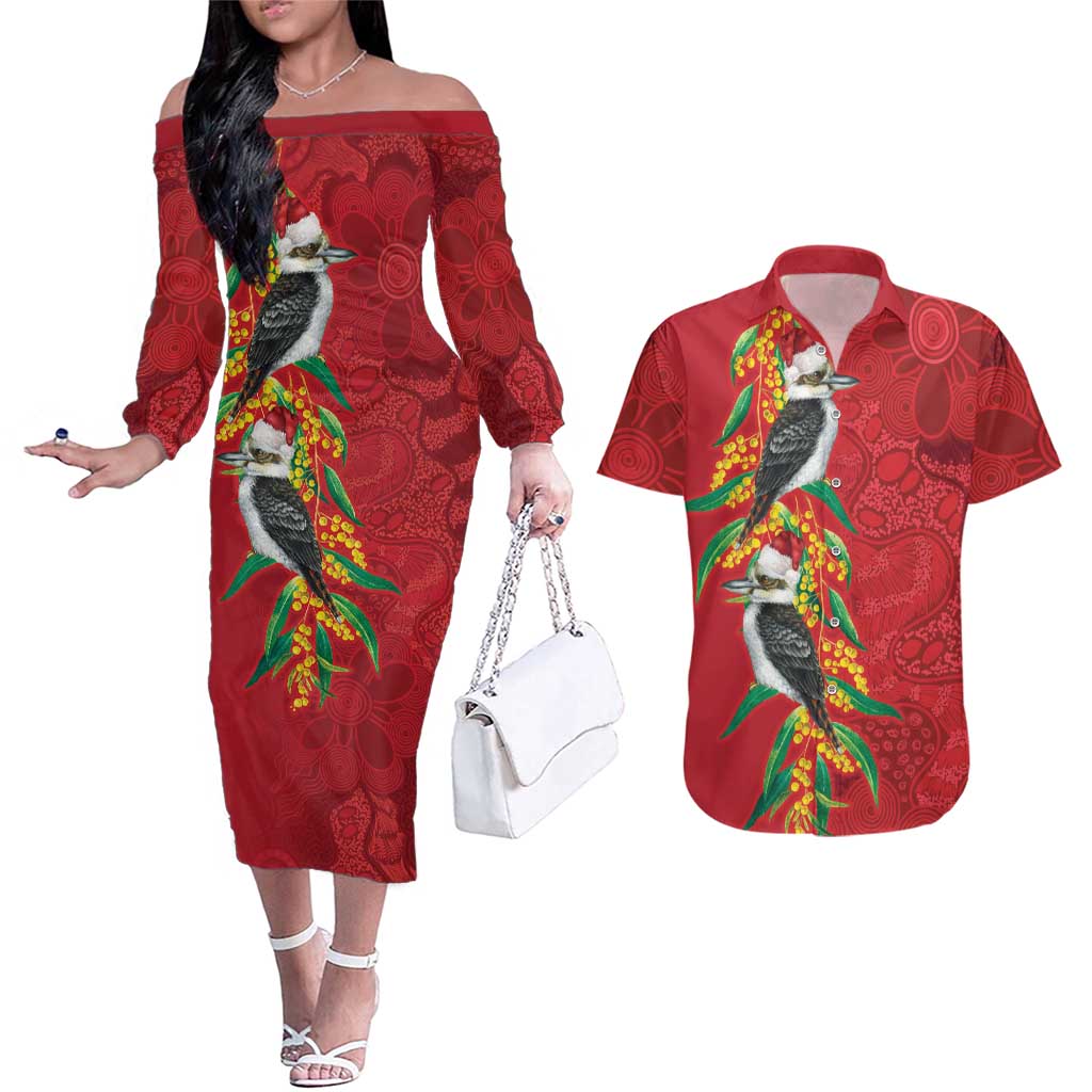 Aussie Kokaburra Golden Wattle Christmas Couples Matching Off The Shoulder Long Sleeve Dress and Hawaiian Shirt Aboriginal Dots Painting Red Motif - Aussie Hoodie