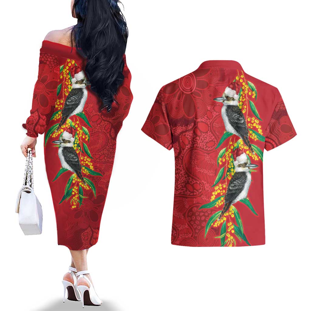 Aussie Kokaburra Golden Wattle Christmas Couples Matching Off The Shoulder Long Sleeve Dress and Hawaiian Shirt Aboriginal Dots Painting Red Motif - Aussie Hoodie