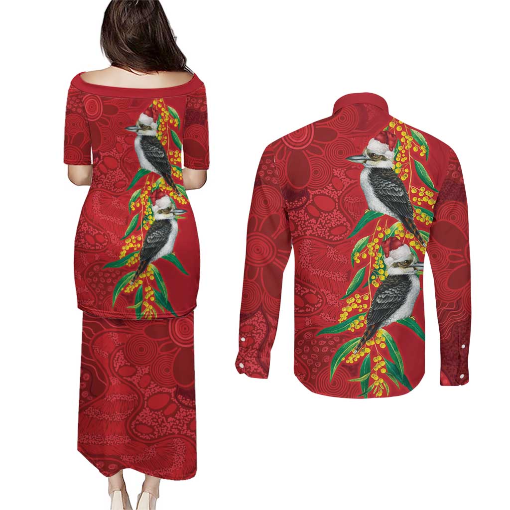 Aussie Kokaburra Golden Wattle Christmas Couples Matching Puletasi and Long Sleeve Button Shirt Aboriginal Dots Painting Red Motif - Aussie Hoodie