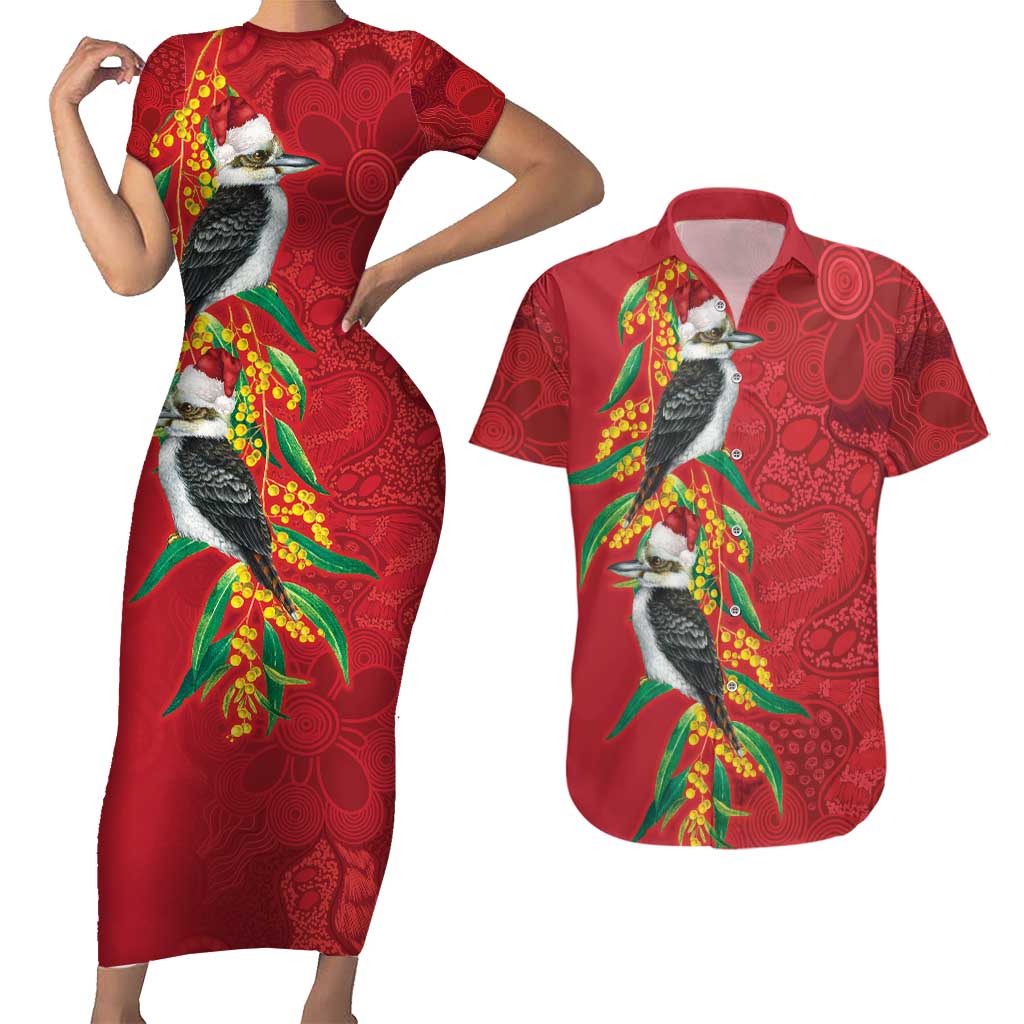 Aussie Kokaburra Golden Wattle Christmas Couples Matching Short Sleeve Bodycon Dress and Hawaiian Shirt Aboriginal Dots Painting Red Motif - Aussie Hoodie