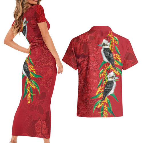 Aussie Kokaburra Golden Wattle Christmas Couples Matching Short Sleeve Bodycon Dress and Hawaiian Shirt Aboriginal Dots Painting Red Motif - Aussie Hoodie