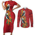 Aussie Kokaburra Golden Wattle Christmas Couples Matching Short Sleeve Bodycon Dress and Long Sleeve Button Shirt Aboriginal Dots Painting Red Motif - Aussie Hoodie