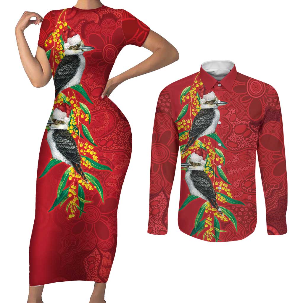 Aussie Kokaburra Golden Wattle Christmas Couples Matching Short Sleeve Bodycon Dress and Long Sleeve Button Shirt Aboriginal Dots Painting Red Motif - Aussie Hoodie