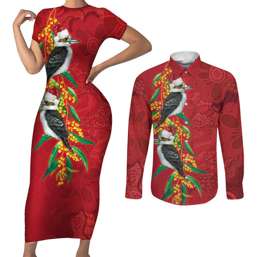 Aussie Kokaburra Golden Wattle Christmas Couples Matching Short Sleeve Bodycon Dress and Long Sleeve Button Shirt Aboriginal Dots Painting Red Motif - Aussie Hoodie