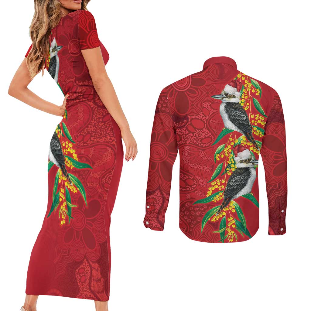 Aussie Kokaburra Golden Wattle Christmas Couples Matching Short Sleeve Bodycon Dress and Long Sleeve Button Shirt Aboriginal Dots Painting Red Motif - Aussie Hoodie