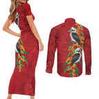 Aussie Kokaburra Golden Wattle Christmas Couples Matching Short Sleeve Bodycon Dress and Long Sleeve Button Shirt Aboriginal Dots Painting Red Motif - Aussie Hoodie