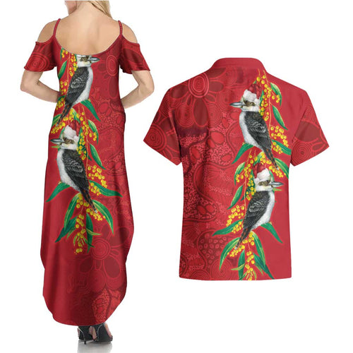 Aussie Kokaburra Golden Wattle Christmas Couples Matching Summer Maxi Dress and Hawaiian Shirt Aboriginal Dots Painting Red Motif - Aussie Hoodie
