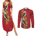 Aussie Kokaburra Golden Wattle Christmas Couples Matching Summer Maxi Dress and Long Sleeve Button Shirt Aboriginal Dots Painting Red Motif - Aussie Hoodie