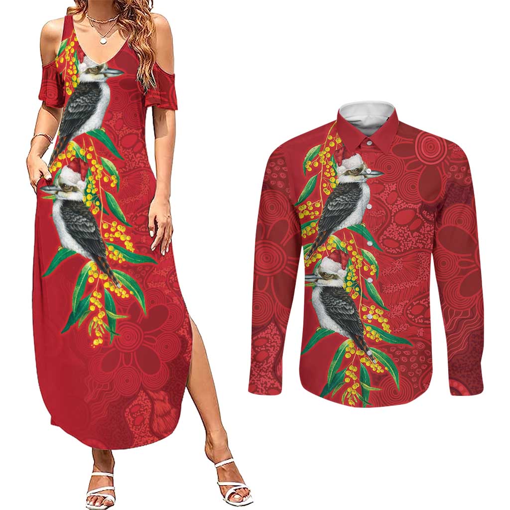 Aussie Kokaburra Golden Wattle Christmas Couples Matching Summer Maxi Dress and Long Sleeve Button Shirt Aboriginal Dots Painting Red Motif - Aussie Hoodie