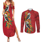 Aussie Kokaburra Golden Wattle Christmas Couples Matching Summer Maxi Dress and Long Sleeve Button Shirt Aboriginal Dots Painting Red Motif - Aussie Hoodie