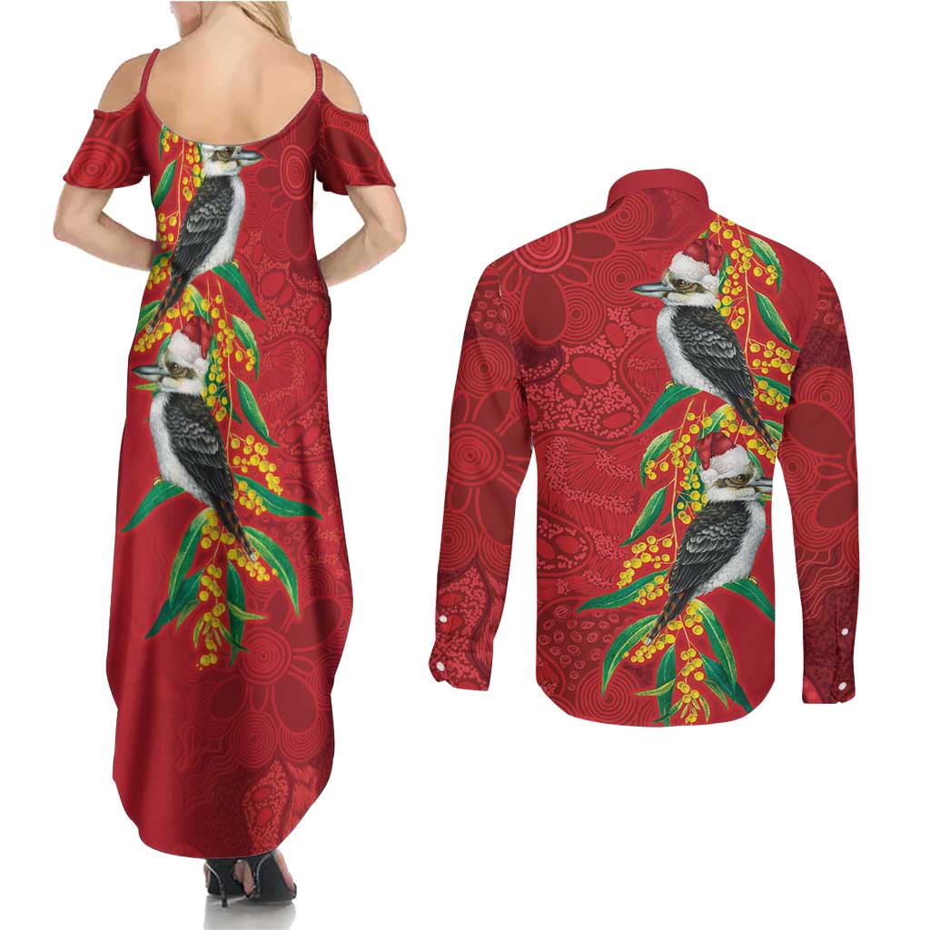 Aussie Kokaburra Golden Wattle Christmas Couples Matching Summer Maxi Dress and Long Sleeve Button Shirt Aboriginal Dots Painting Red Motif - Aussie Hoodie