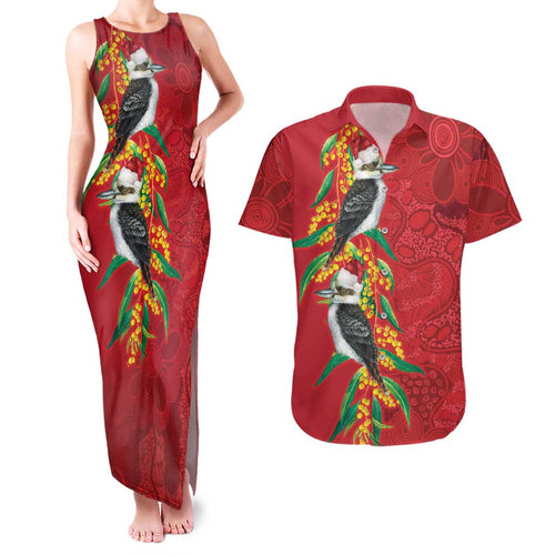 Aussie Kokaburra Golden Wattle Christmas Couples Matching Tank Maxi Dress and Hawaiian Shirt Aboriginal Dots Painting Red Motif - Aussie Hoodie