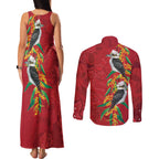 Aussie Kokaburra Golden Wattle Christmas Couples Matching Tank Maxi Dress and Long Sleeve Button Shirt Aboriginal Dots Painting Red Motif - Aussie Hoodie
