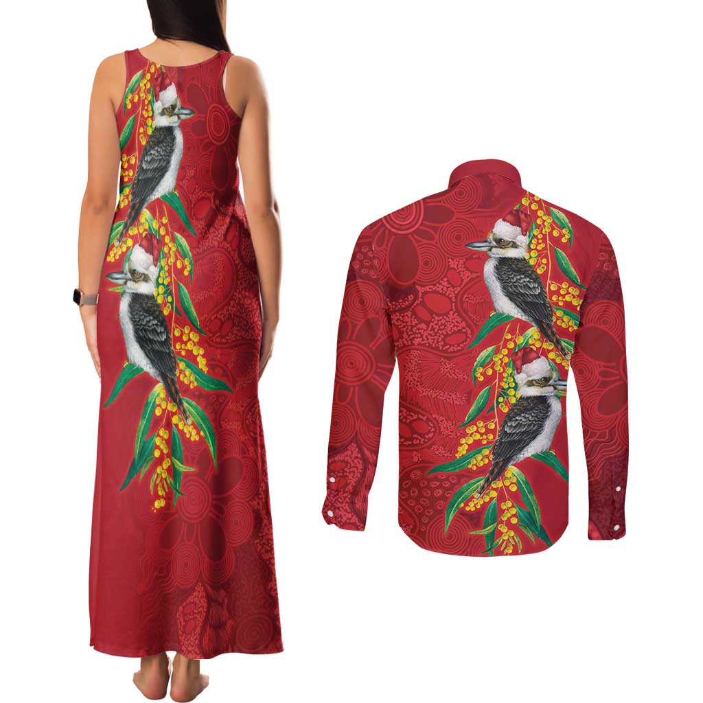 Aussie Kokaburra Golden Wattle Christmas Couples Matching Tank Maxi Dress and Long Sleeve Button Shirt Aboriginal Dots Painting Red Motif - Aussie Hoodie