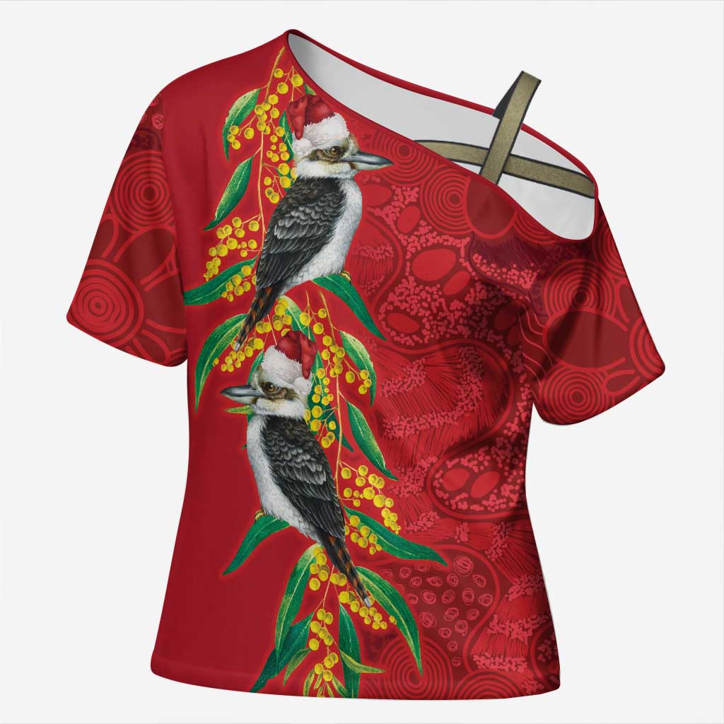 Aussie Kokaburra Golden Wattle Christmas Cross Shoulder Shirt Aboriginal Dots Painting Red Motif - Aussie Hoodie
