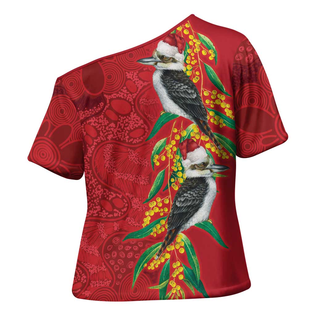 Aussie Kokaburra Golden Wattle Christmas Cross Shoulder Shirt Aboriginal Dots Painting Red Motif - Aussie Hoodie