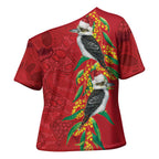 Aussie Kokaburra Golden Wattle Christmas Cross Shoulder Shirt Aboriginal Dots Painting Red Motif - Aussie Hoodie