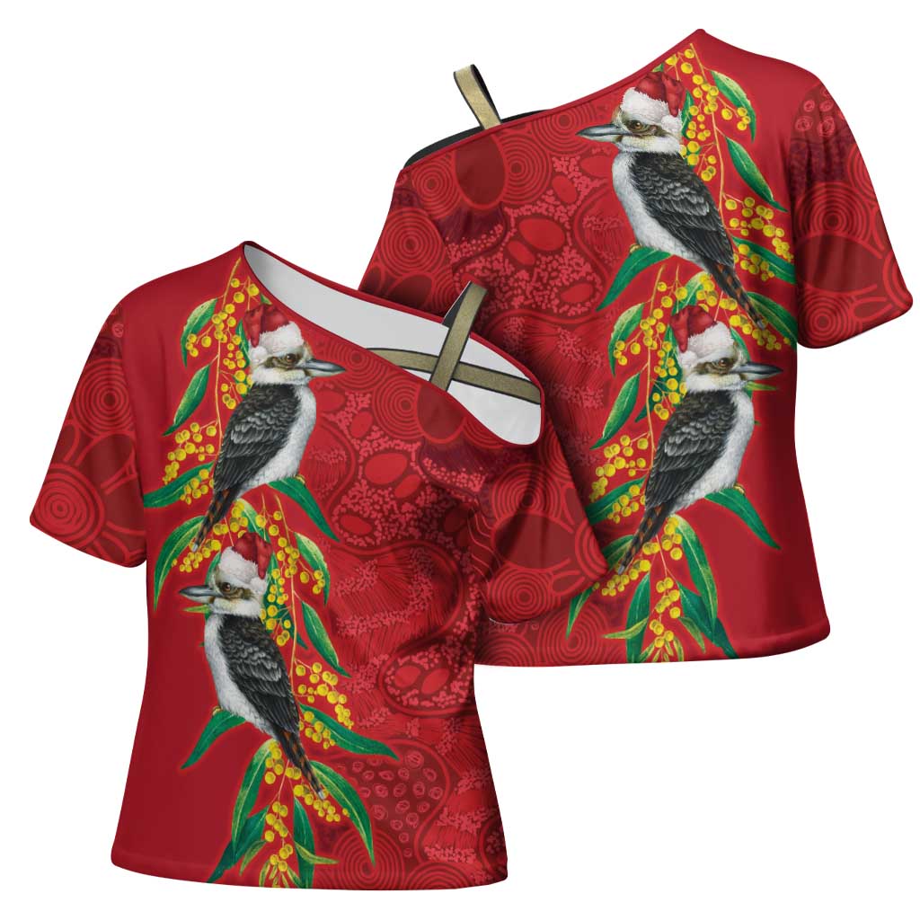 Aussie Kokaburra Golden Wattle Christmas Cross Shoulder Shirt Aboriginal Dots Painting Red Motif - Aussie Hoodie