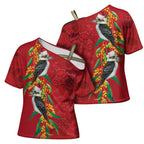 Aussie Kokaburra Golden Wattle Christmas Cross Shoulder Shirt Aboriginal Dots Painting Red Motif - Aussie Hoodie